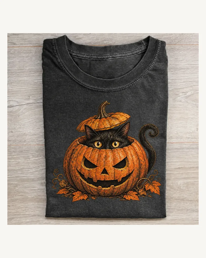 Folded washed black T-shirt featuring Pumpkin Stowaway on a pale wood tabletop